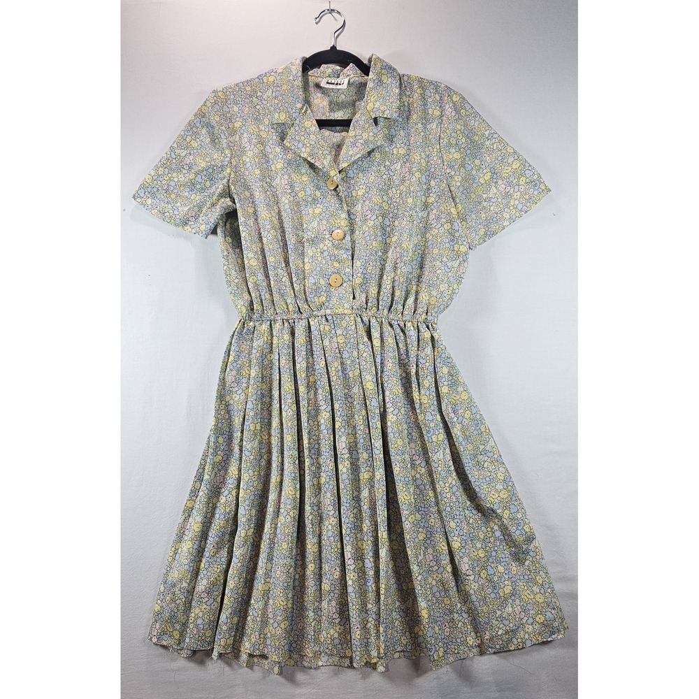 Leslie Fay P8 Floral Dress Pastel Button Front Elastic Waist Raw Hem VTG Cottage
